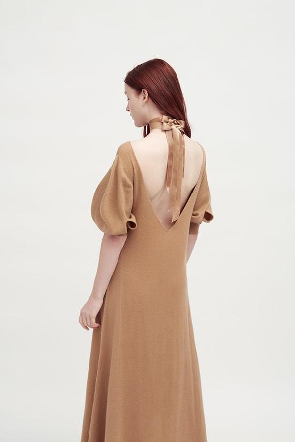 Ryan Roche V Neck Long 3/4 Sleeve Dress - Buff | Garmentory