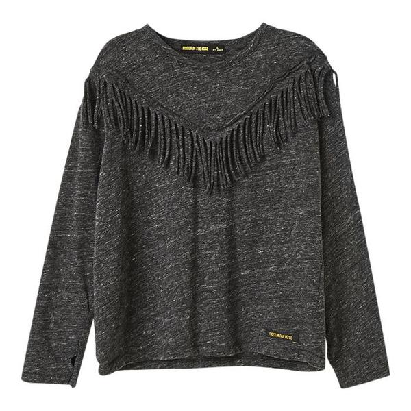 KIDS Finger In The Nose Bigtee Fringe Girl Knitted Oversized Long Sleeve Shirt - Heather Anthracite