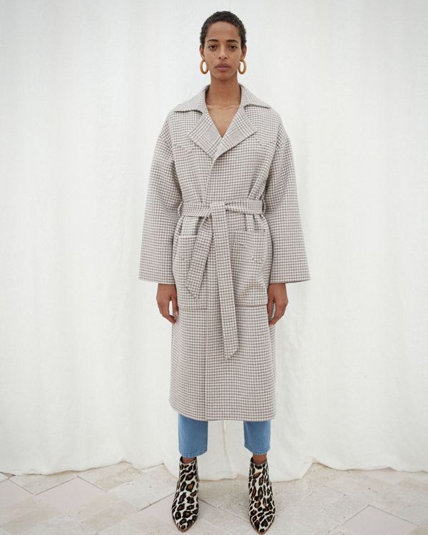 UNUSED × NIUKU WOOL GOWN COAT ALAMO - Wool robe coat - Grey check | Garmentory