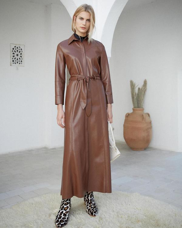 princess polly baby blue dress Women's Brown High Waist Grace Pleated Real Leather Maxi Skirt