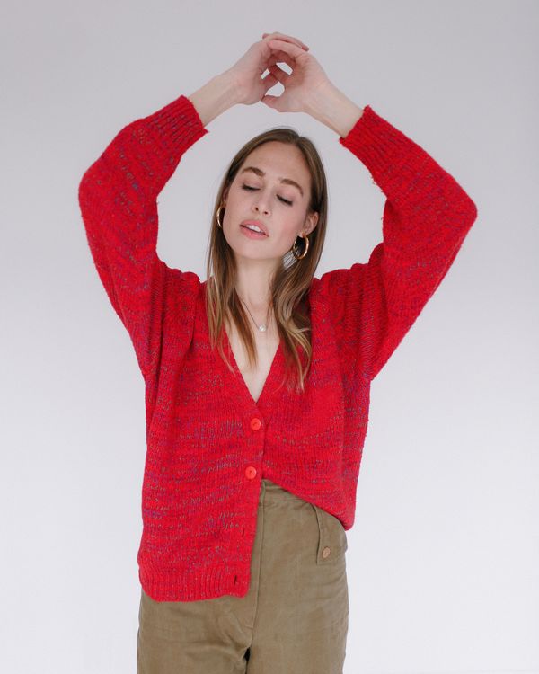red melange knit cardigan