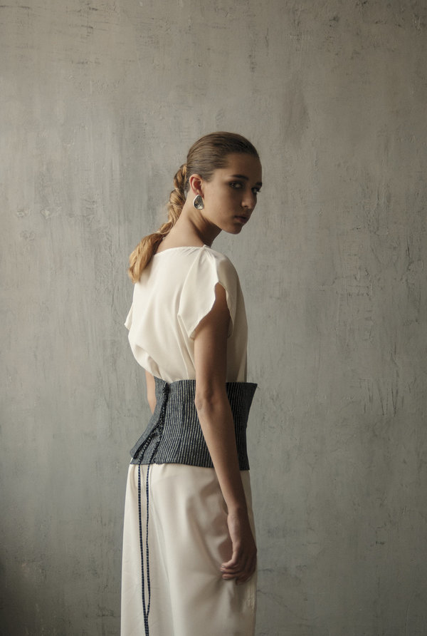 K M by L A N G E Japanese Cotton Stripped Corset Belt - Navy  display picture 3