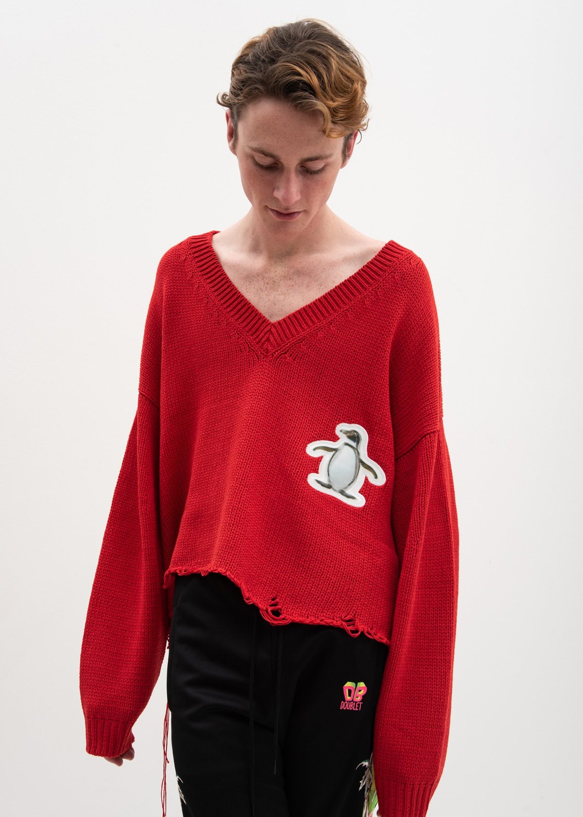 Doublet 3D Patch Cut Off Sweater - Red | Garmentory