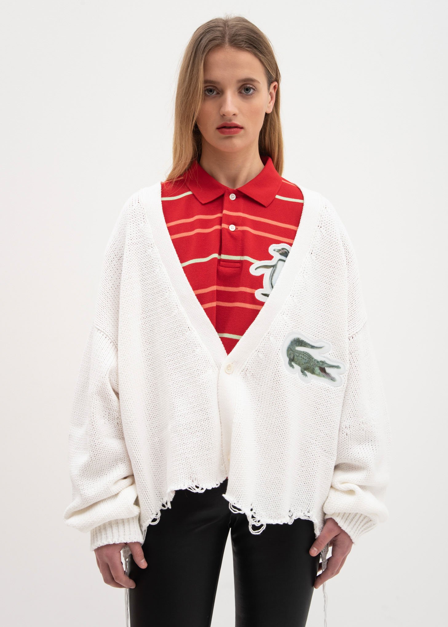 Doublet 3D Patch Cut Off Cardigan - White | Garmentory