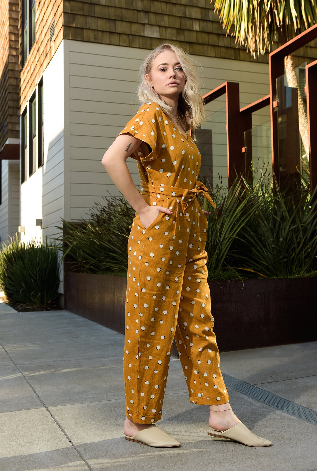 mustard polka dot jumpsuit