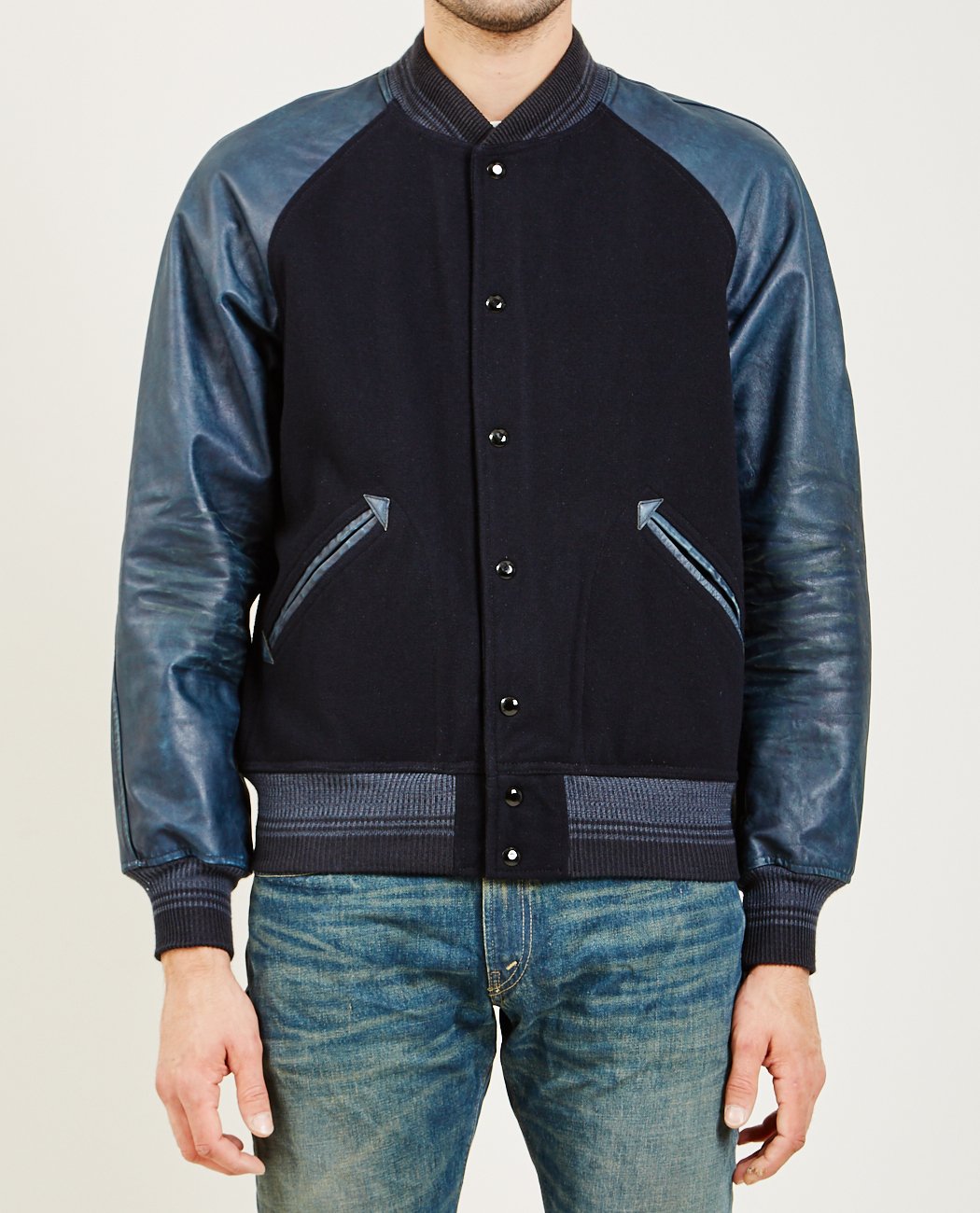 RRL LEATHER SLEEVE FELT JACKET NAVY/INDIGO Garmentory