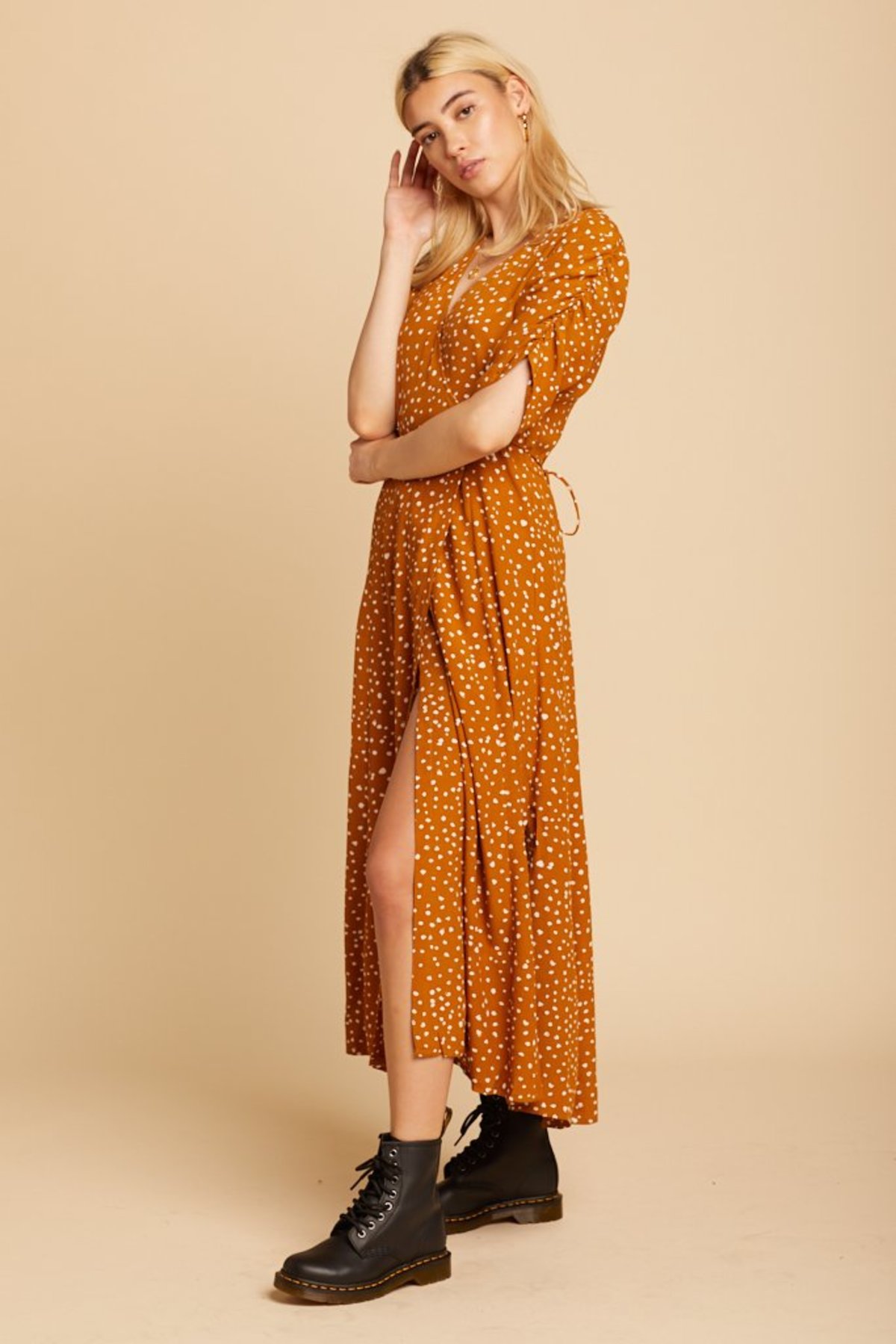 Faithfull The Brand Caramel Chiara Midi Dress - Orange-Y Dot Print