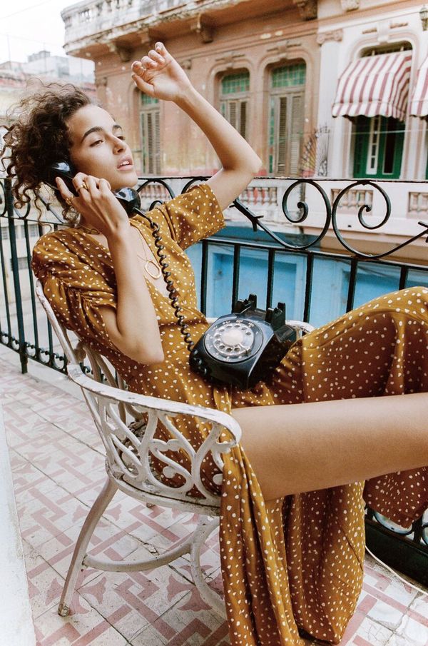 Faithfull The Brand Caramel Chiara Midi Dress - Orange-Y Dot Print |  Garmentory