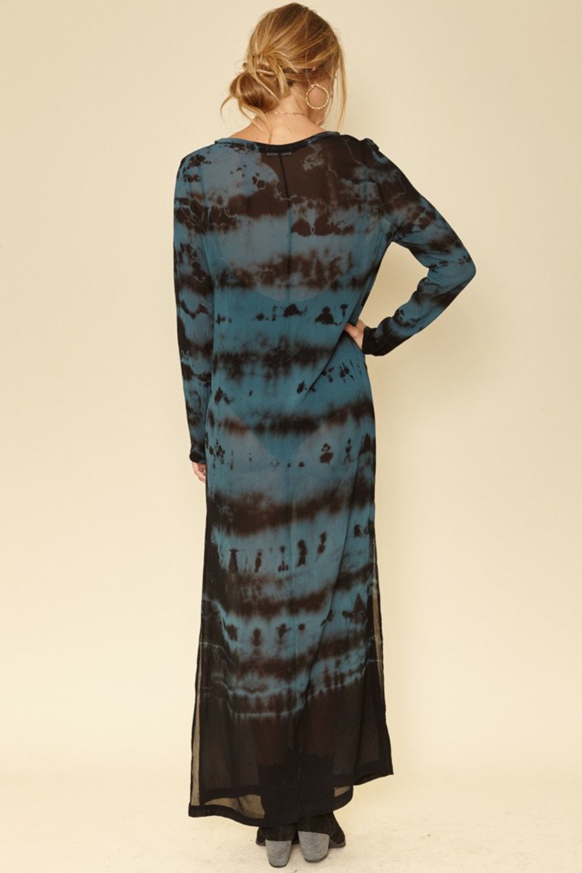 knee length dresses for ladies Full Size Tie-Dye Round Neck Long Sleeve Dress Heliotrope Purple / M