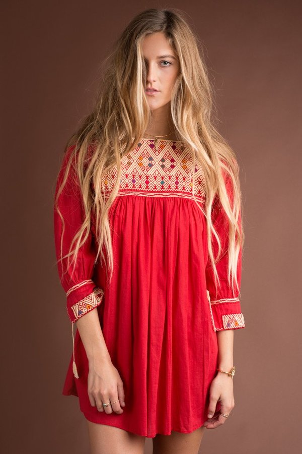 Red Sunshine Embroidered Peasant Dress | Garmentory