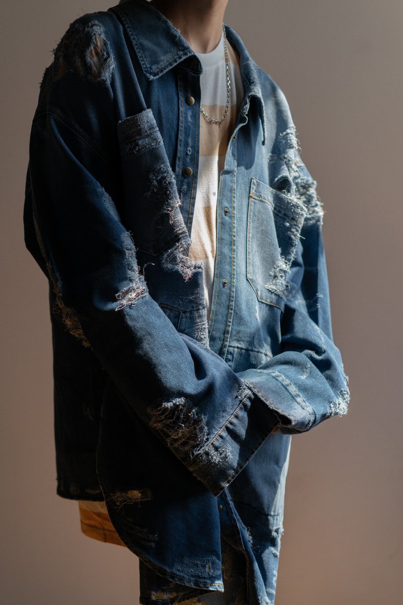 Faith Connexion Oversized Destroyed Denim Shirt Jacket - blue 