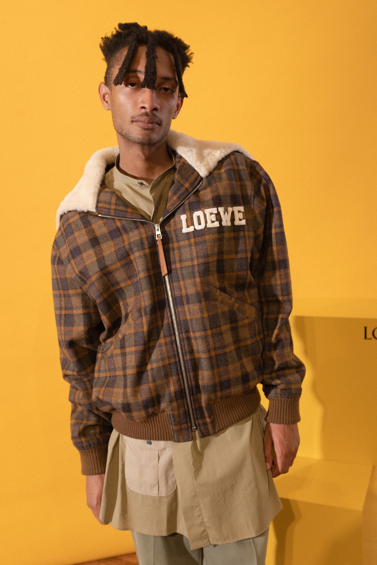 LOEWE Shearling Zip Hood Check Jacket - brown | Garmentory