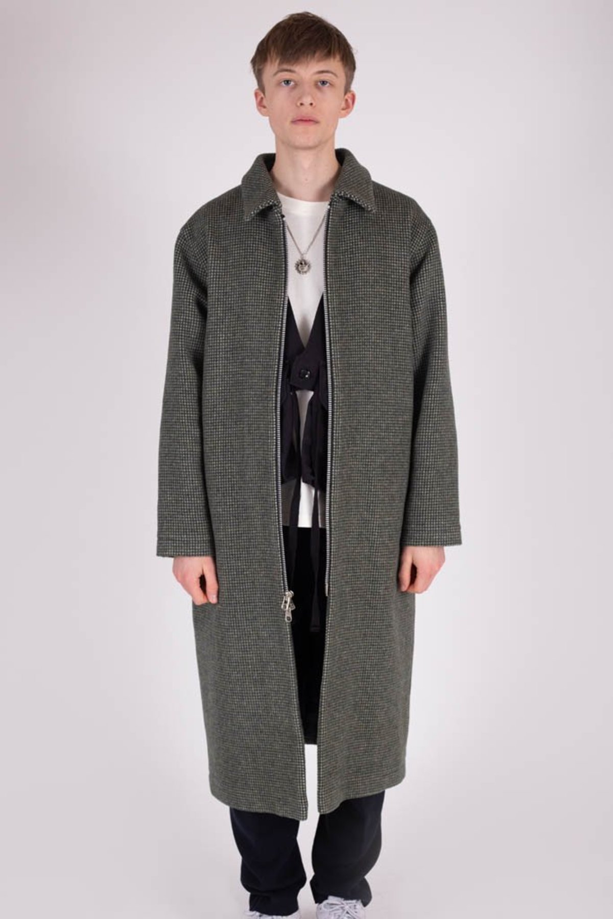 Four Horsemen Long Wool Car Coat - Forest Check - Image 1 of 5