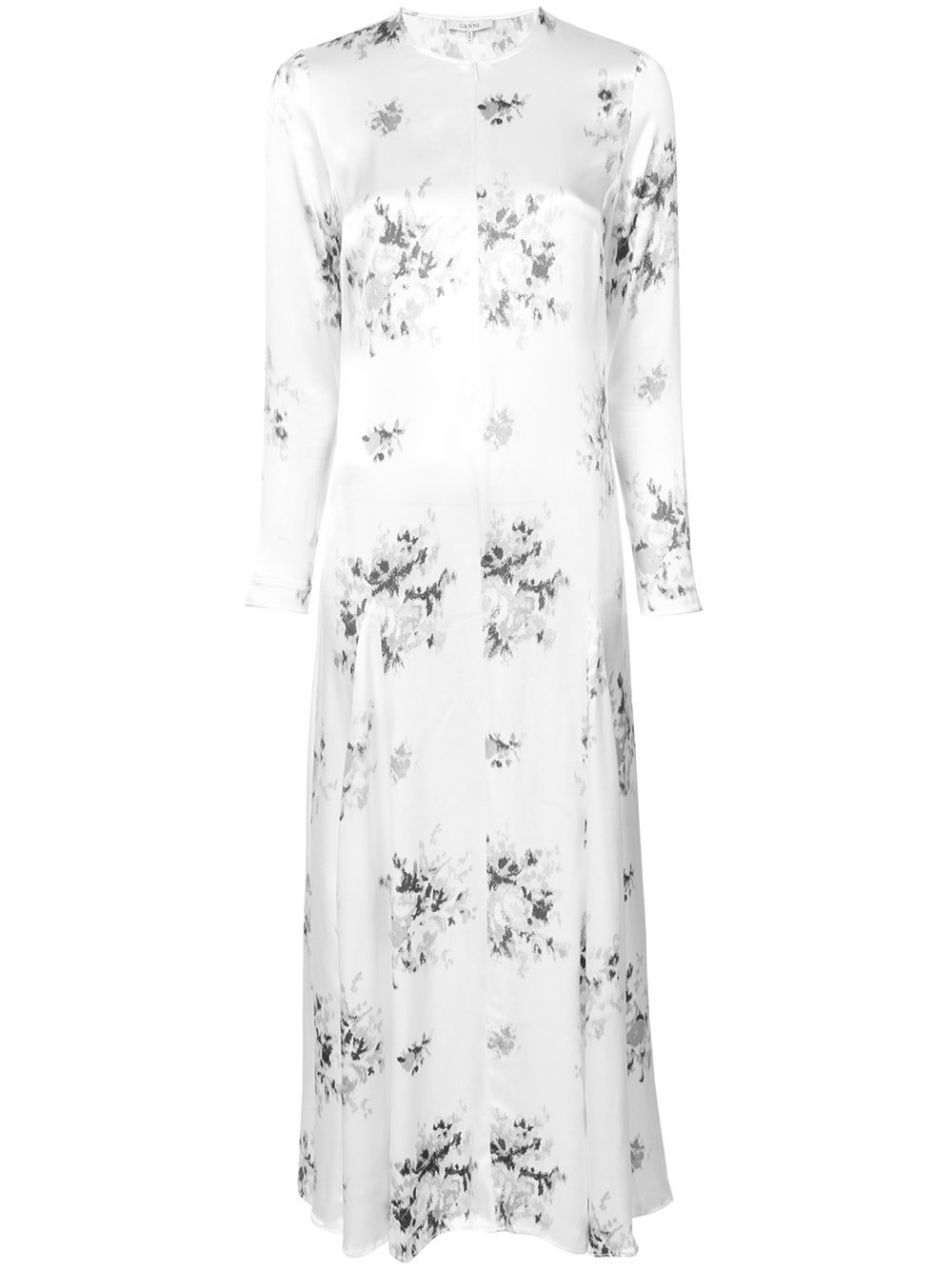 ganni cameron floral-print satin dress Ganni Cameron Long Sleeve Floral Shirtdress - Egret