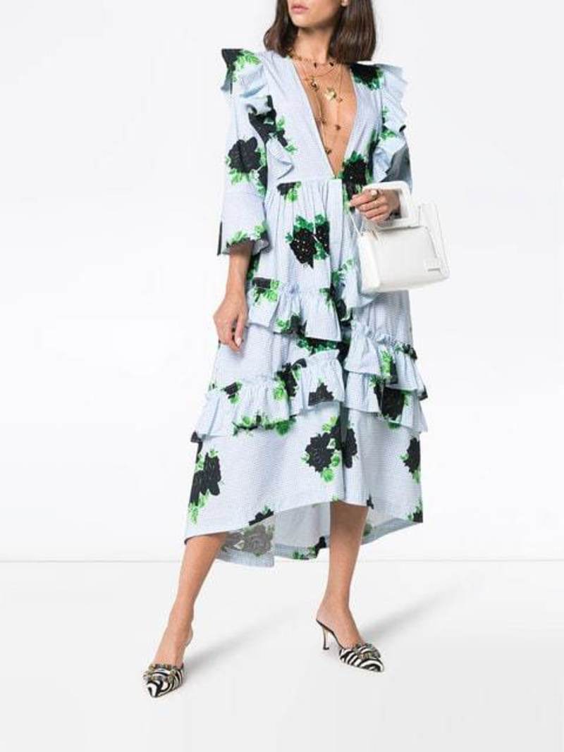 ganni serenity blue dress Ganni Blue Multicolor Printed Knit Wrap Dress XXS
