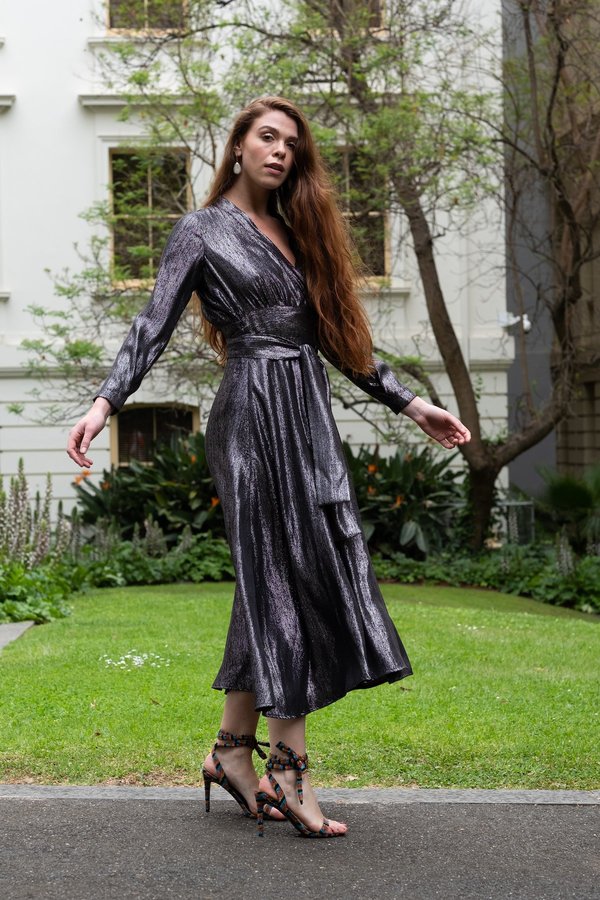 Dominique Healy Mala Wrap Dress - Silver Silk | Garmentory Dominique Healy Mala Wrap Dress - Silver Silk | Garmentory