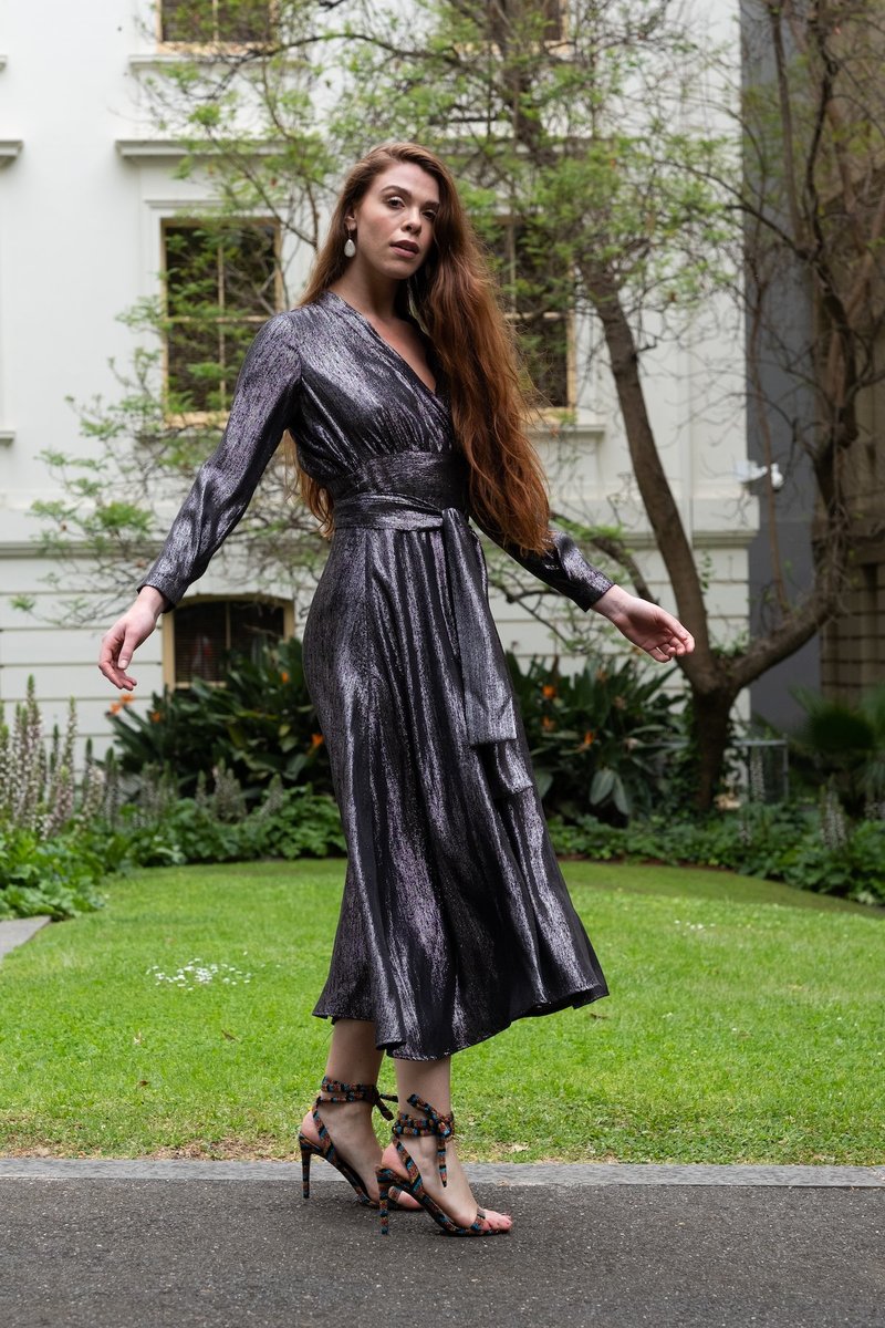 silver silk wrap dress Silver grey silk long wrap dress