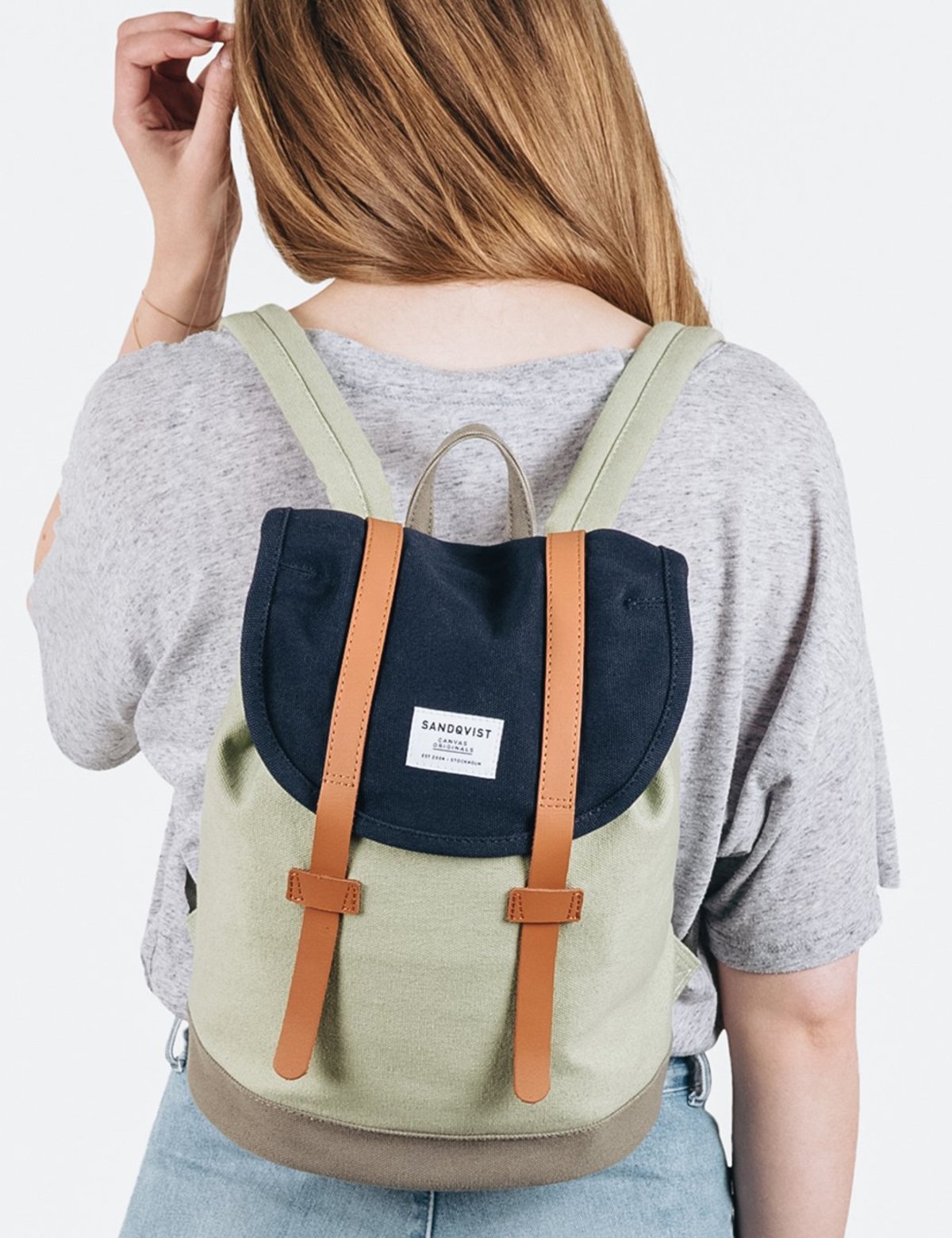 Sandqvist Stig Mini Backpack (Canvas) - Blue/Sage/Grey 