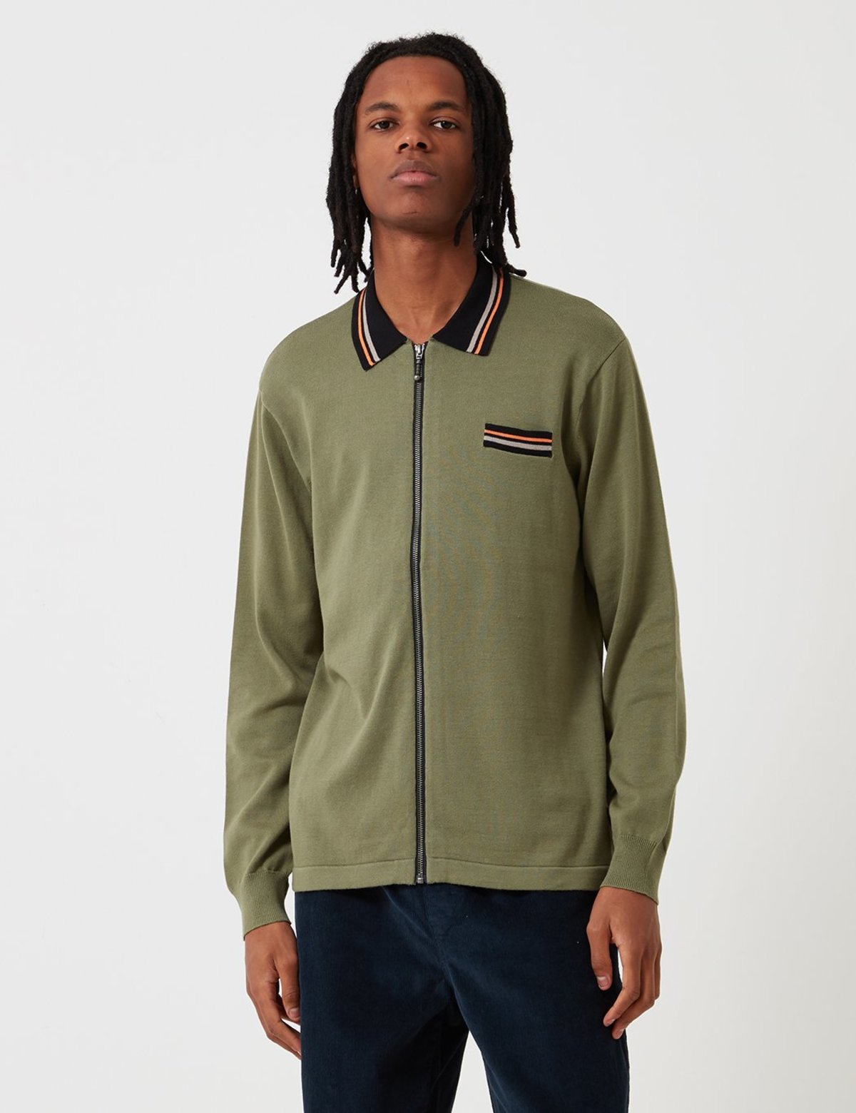 Stussy Perry Zip Long Sleeve Knit Polo Shirt Olive Green