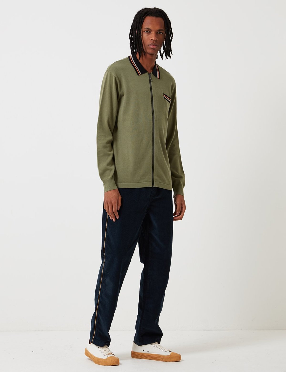 Stussy Perry Zip Long Sleeve Knit Polo Shirt - Olive Green