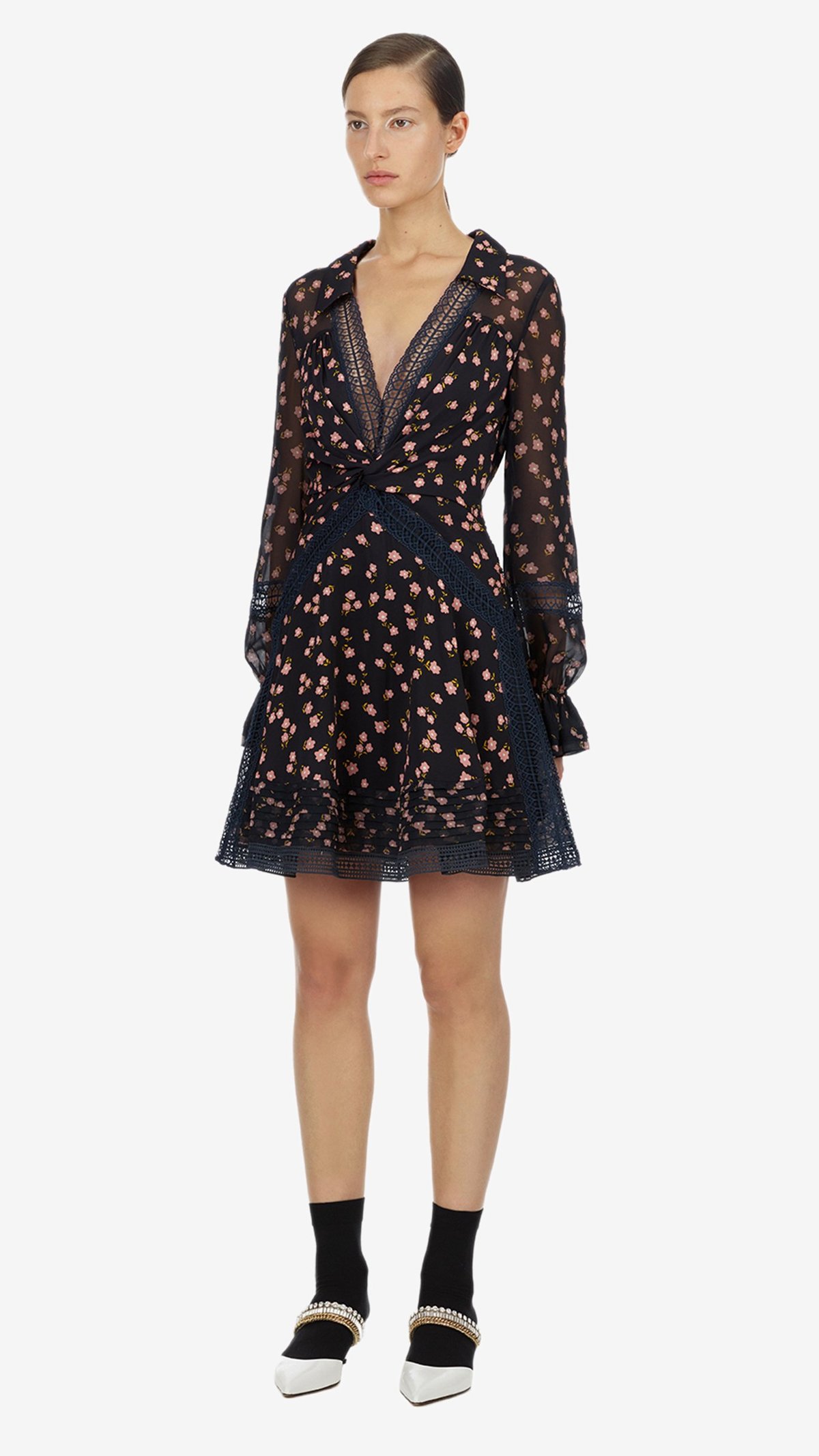 Self-Portrait Twist Front Ditsy Mini Dress Black Floral Garmentory