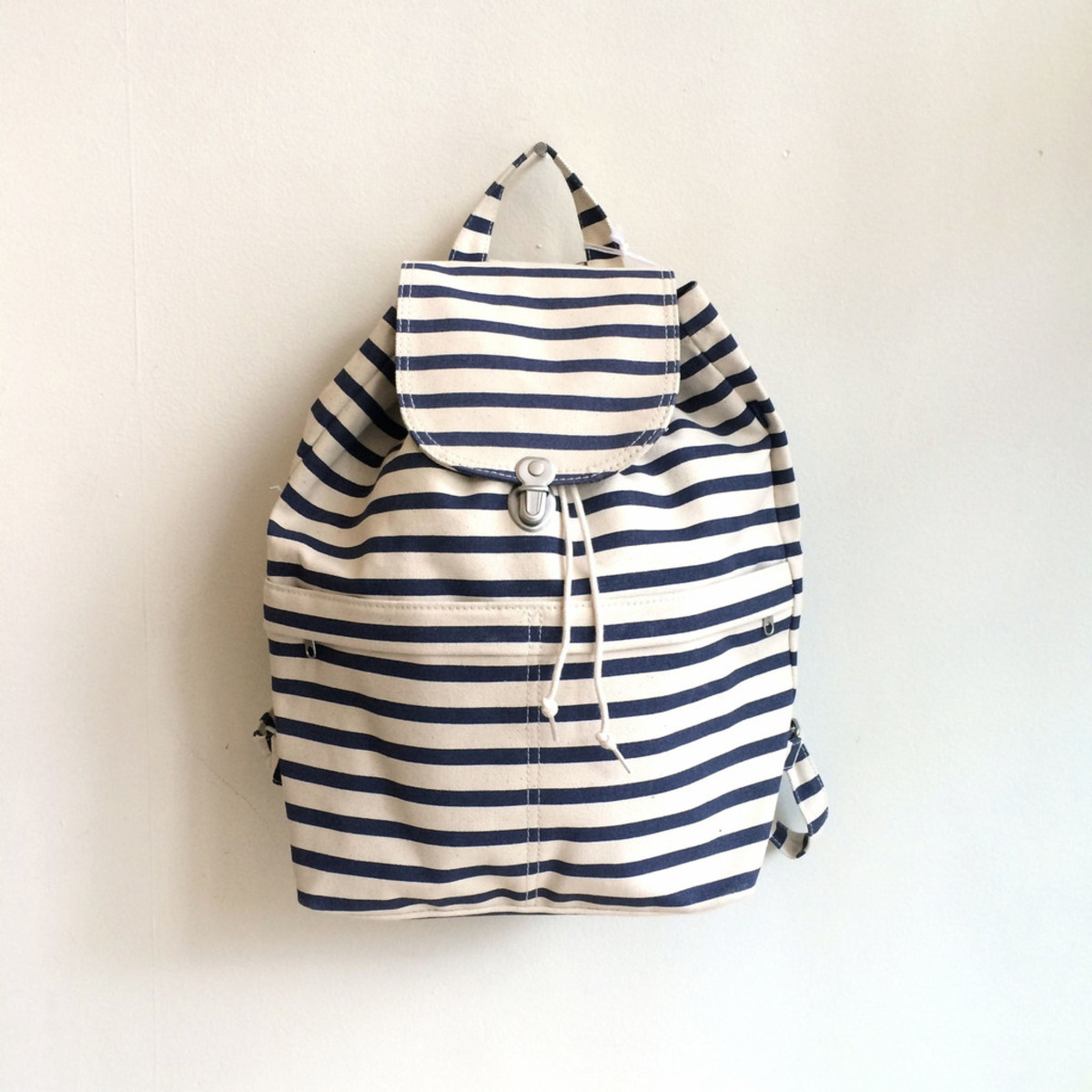 Baggu Duck Backpack Navy Blue Cream Striped Canvas Drawstring Rucksack Bag I07 BAGGU Striped Bags & for Canvas Exterior Women for sale | eBay main image 2