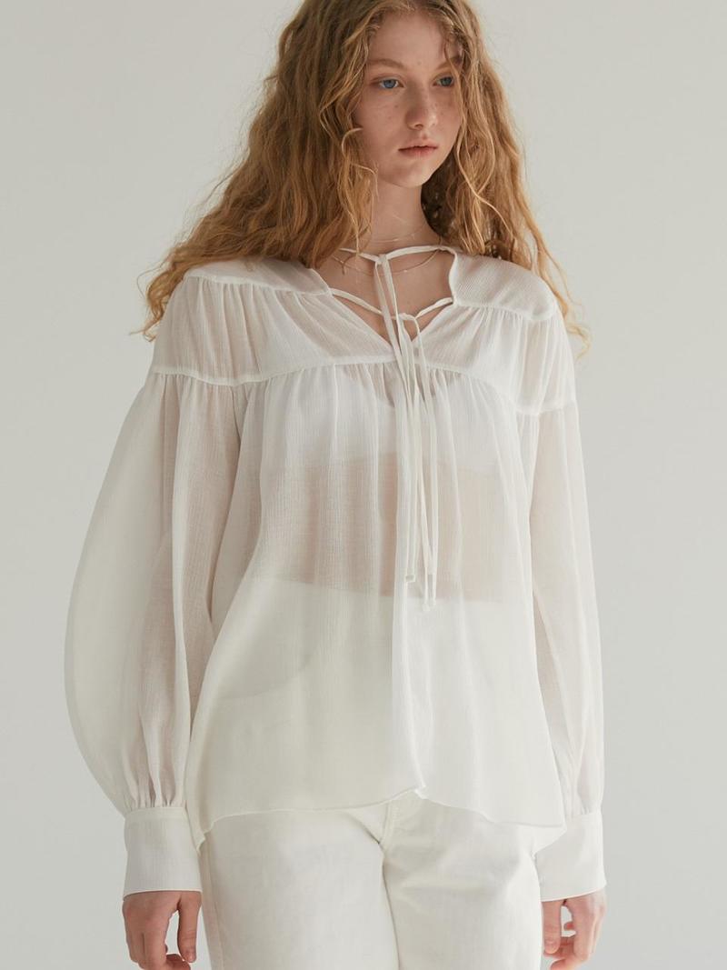 Diagonal Shirring Ribbon Blouse - White | Garmentory