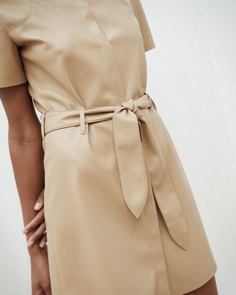 Nanushka Roberta Vegan Leather Western Dress With Belt - Pale Caramel |  Garmentory