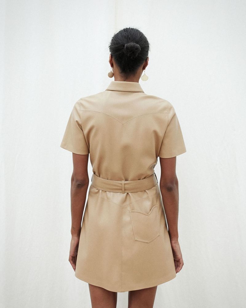 Nanushka Roberta Vegan Leather Western Dress With Belt - Pale Caramel |  Garmentory