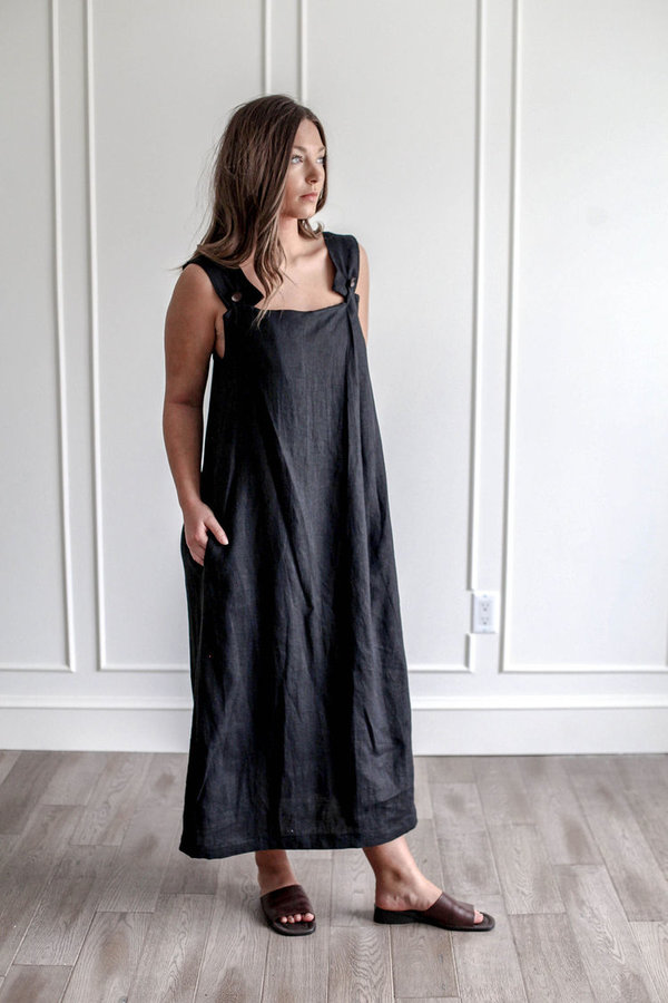 black and tie dress Minimalist Linen Dress with Pleat Detail – Elegant Summer Maxi Dress –  VisibleArtShop main image 0