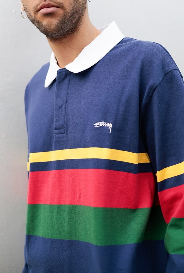Stussy Lucas Stripe Long Sleeve Rugby polo - navy | Garmentory