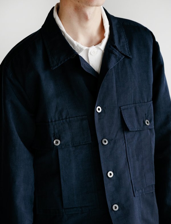 Evan Kinori Nylon Linen Bellow Pocket Jacket - Navy | Garmentory