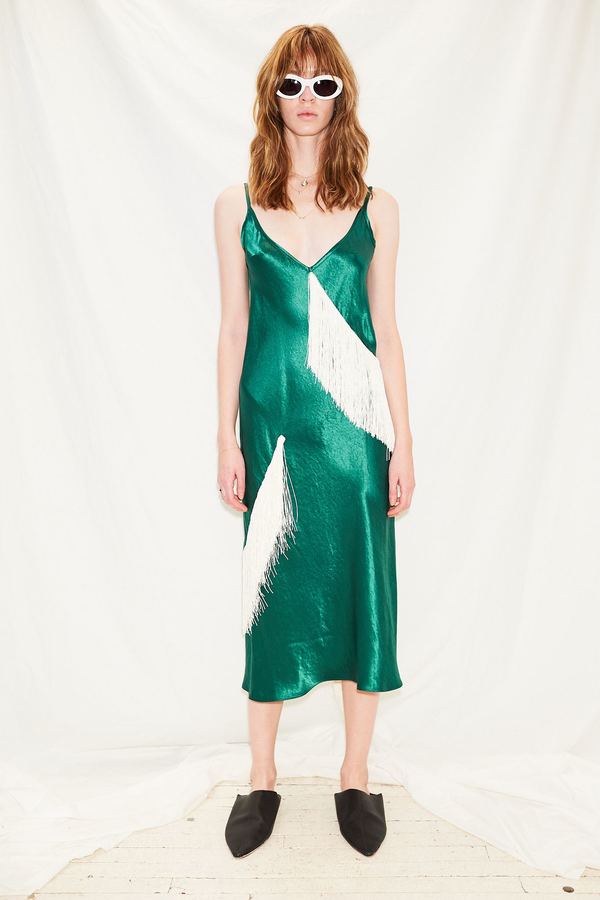 barbarella green dress Collina Strada Satin Fringe jane fonda barbarella outfits