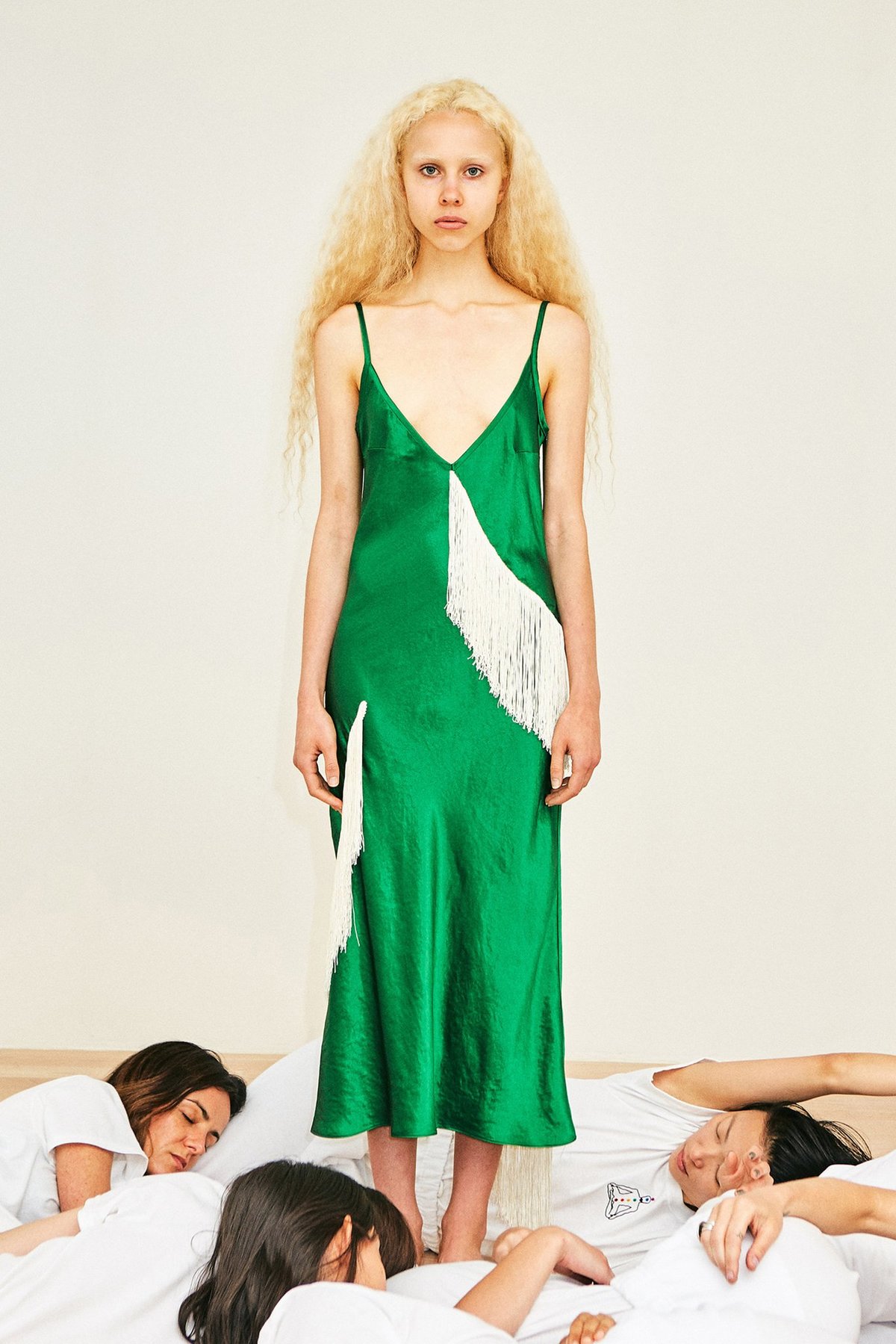 Collina Strada Satin Barbarella Fringe Dress - green | Garmentory