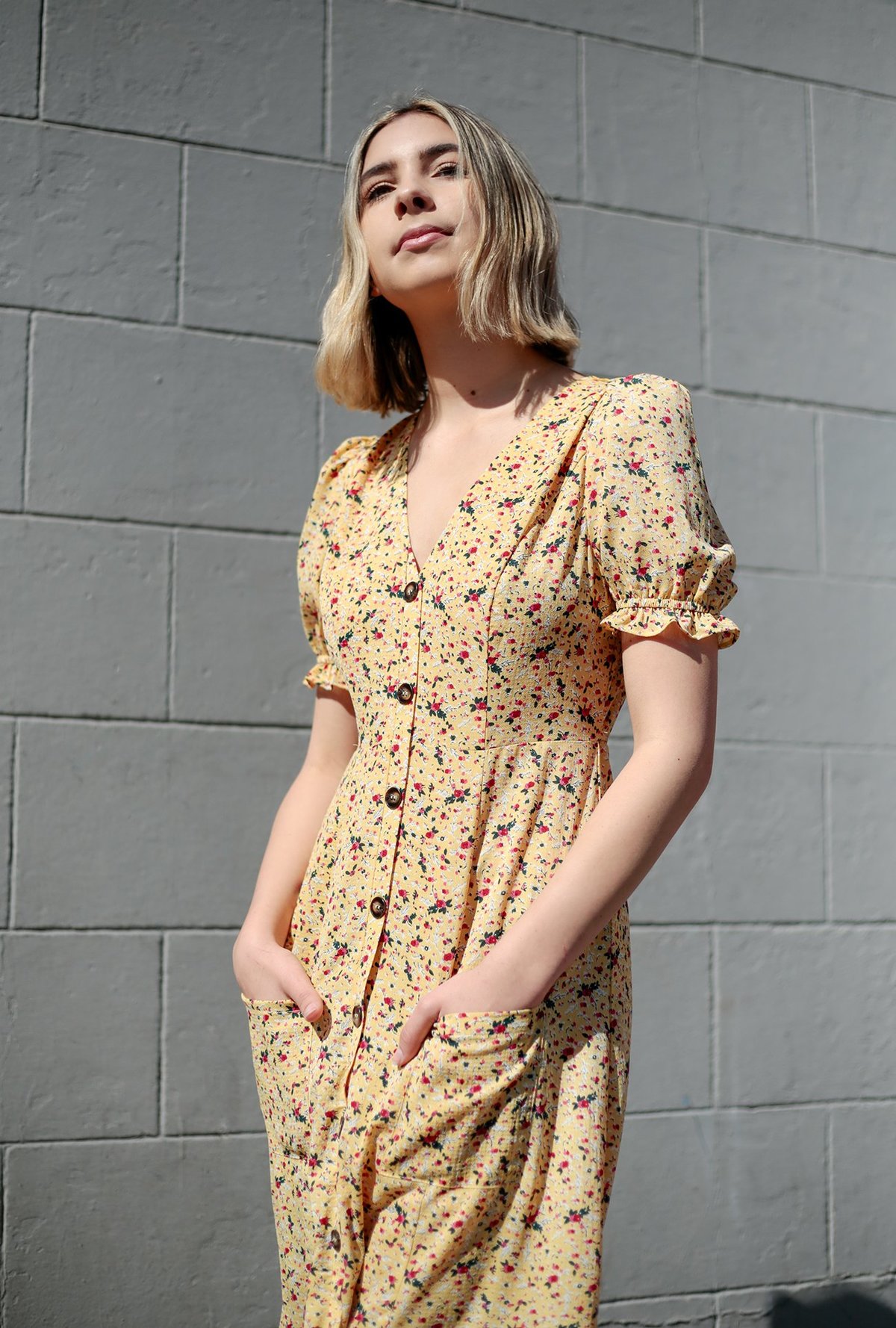 knee length dresses for ladies Yellow Cotton Round Neck Button-Down Midi Dress 70