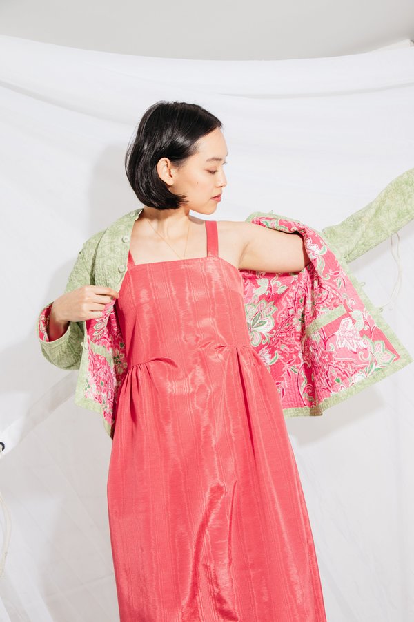 green dress midi long sleeve Green Floral Print Quilted Detail Jacket main image 0