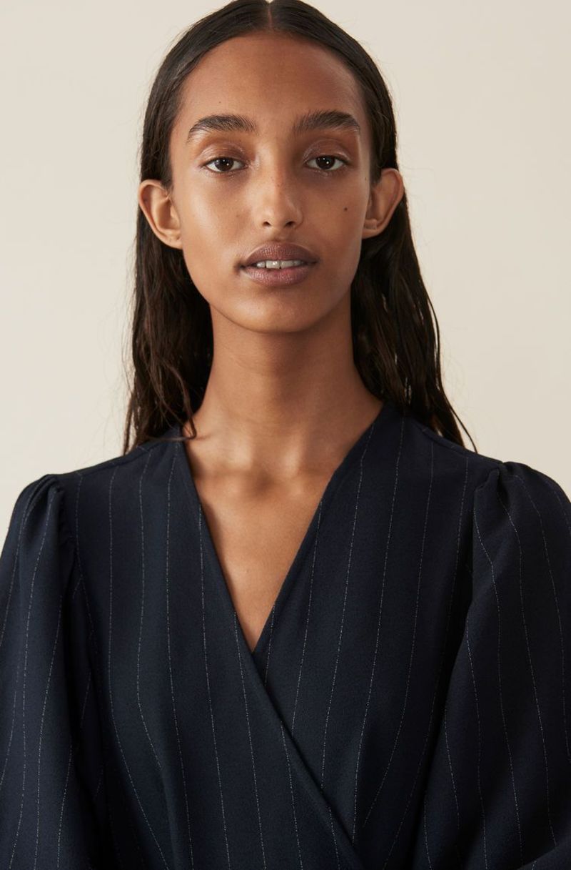 ganni pinstripe ruched dress Ganni Pinstripe Stretch Mini Dress In Phantom