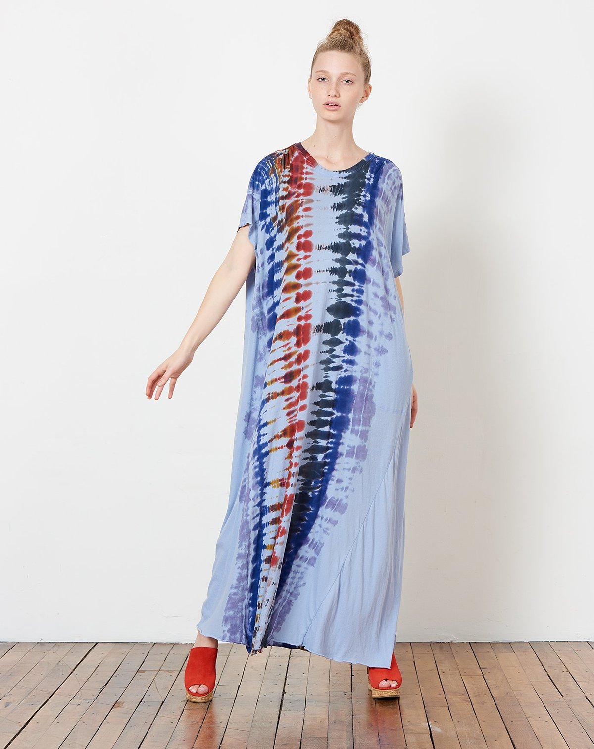 Raquel Allegra Gather Caftan Maxi Dress - Waterfall Rainbow Tie Dye |  Garmentory