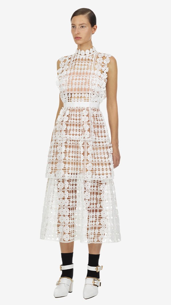 Self-Portrait Floral Lattice Lace Dress - White | Garmentory