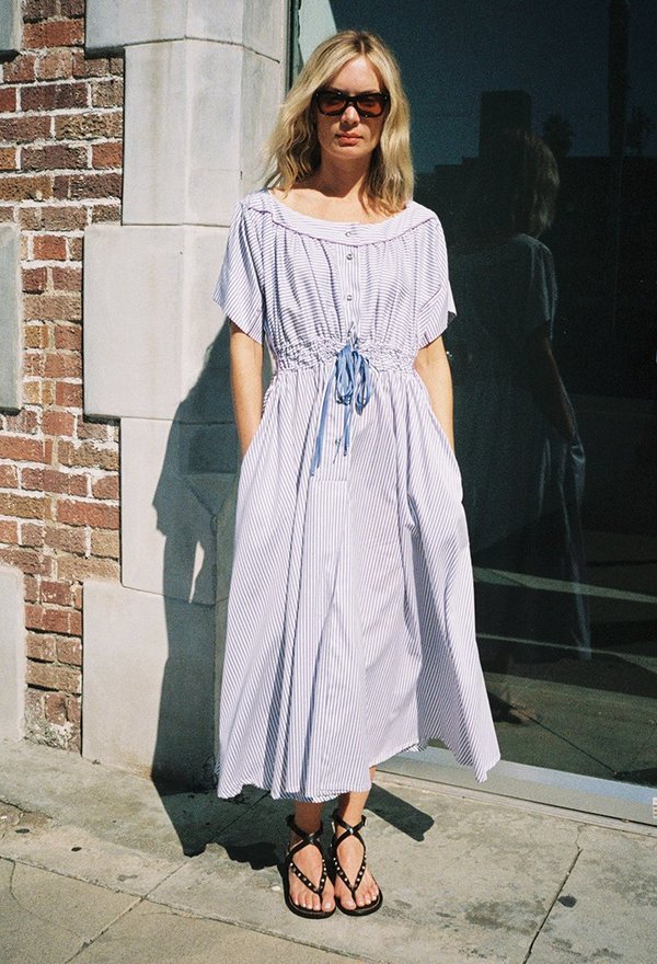 Thierry Colson Tania Boat Neck Dress - Cricket Stripe Purple | Garmentory