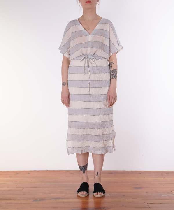 Hartford Rafaelle Drawstring Dress - BLUE/CHARCOAL STRIPES ON CREAM Hartford Rafaelle Drawstring Dress - BLUE/CHARCOAL STRIPES ON CREAM