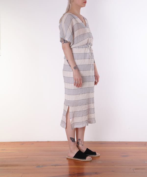 Hartford Rafaelle Drawstring Dress - BLUE/CHARCOAL STRIPES ON CREAM Hartford Rafaelle Drawstring Dress - BLUE/CHARCOAL STRIPES ON CREAM