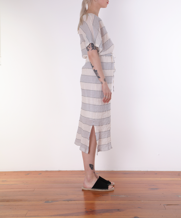 Hartford Rafaelle Drawstring Dress - BLUE/CHARCOAL STRIPES ON CREAM Hartford Rafaelle Drawstring Dress - BLUE/CHARCOAL STRIPES ON CREAM