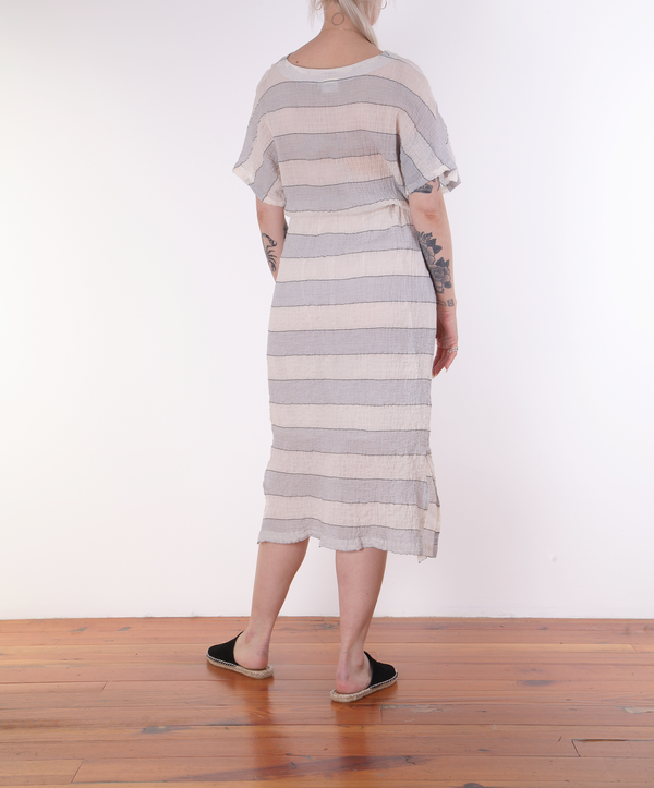 Hartford Rafaelle Drawstring Dress - BLUE/CHARCOAL STRIPES ON CREAM Hartford Rafaelle Drawstring Dress - BLUE/CHARCOAL STRIPES ON CREAM