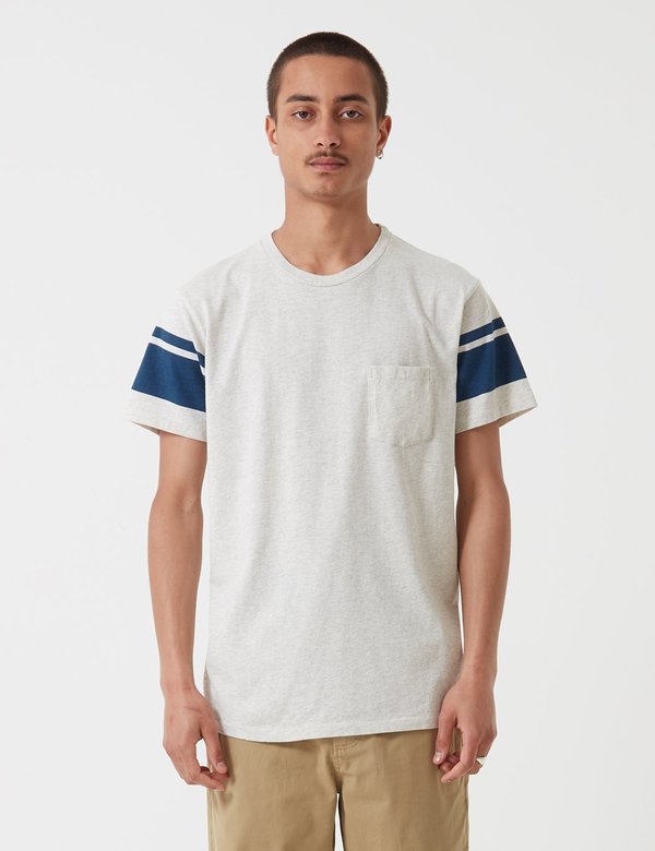 Velva Sheen College Arm Stripe T-shirt - Oatmeal/Navy Velva Sheen College Arm Stripe T-shirt - Oatmeal/Navy