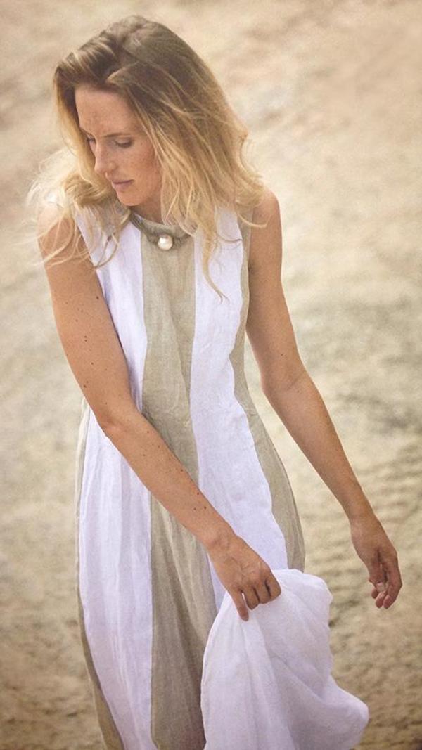 Hubert Gasser Wide Stripe Dress - White/Tan Hubert Gasser Wide Stripe Dress - White/Tan