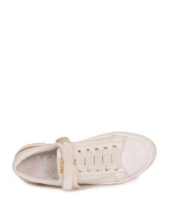 AGL Leather Lace-Up Round Toe Sneaker with Gold Studs - white AGL Leather Lace-Up Round Toe Sneaker with Gold Studs - white