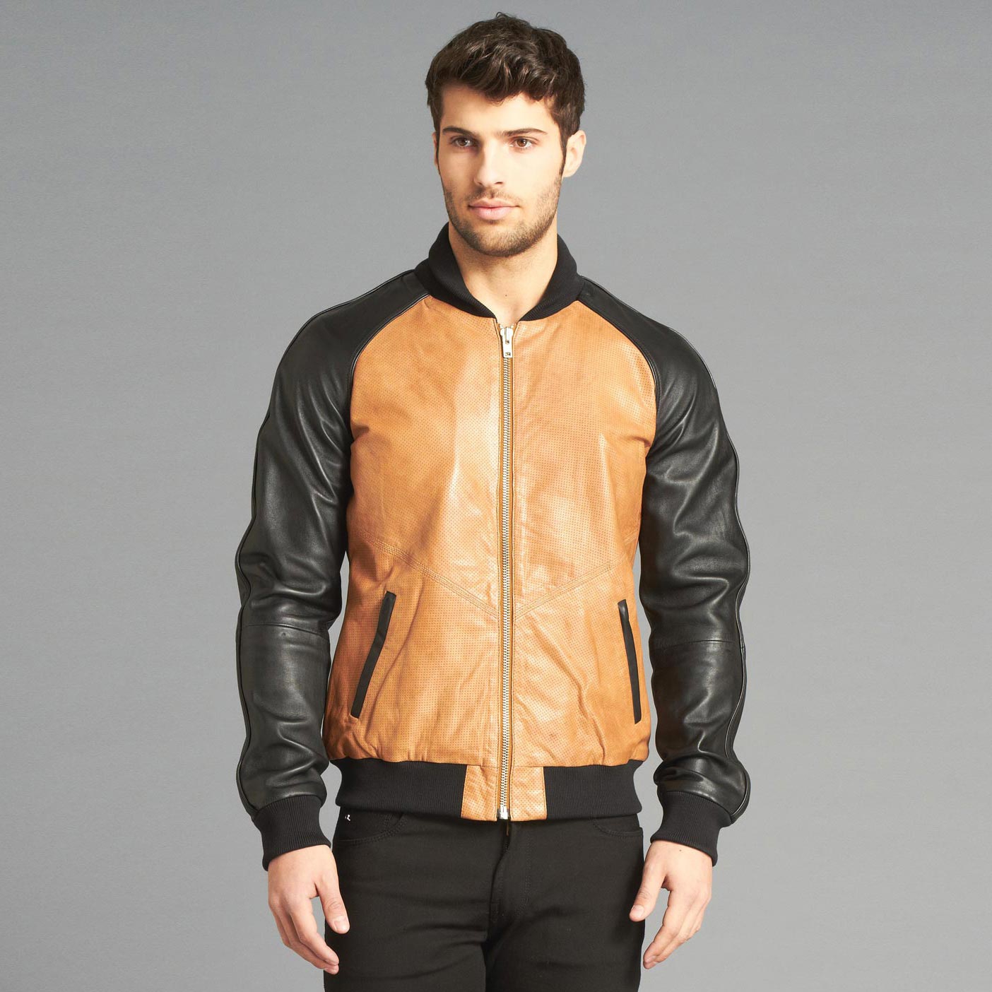 MEN'S LAMARQUE THE PLAYER Contrast Perforated Leather Baseball Jacket