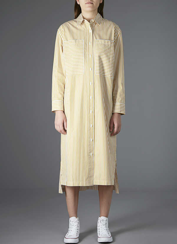 GREI TWO POCKET SHIRT DRESS - KHAKI/WHITE STRIPE GREI TWO POCKET SHIRT DRESS - KHAKI/WHITE STRIPE