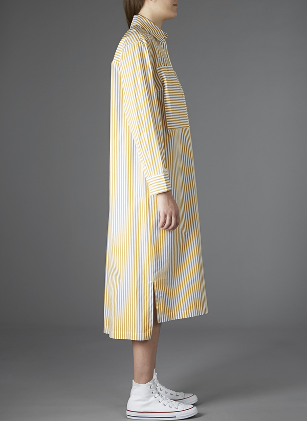 GREI TWO POCKET SHIRT DRESS - KHAKI/WHITE STRIPE GREI TWO POCKET SHIRT DRESS - KHAKI/WHITE STRIPE